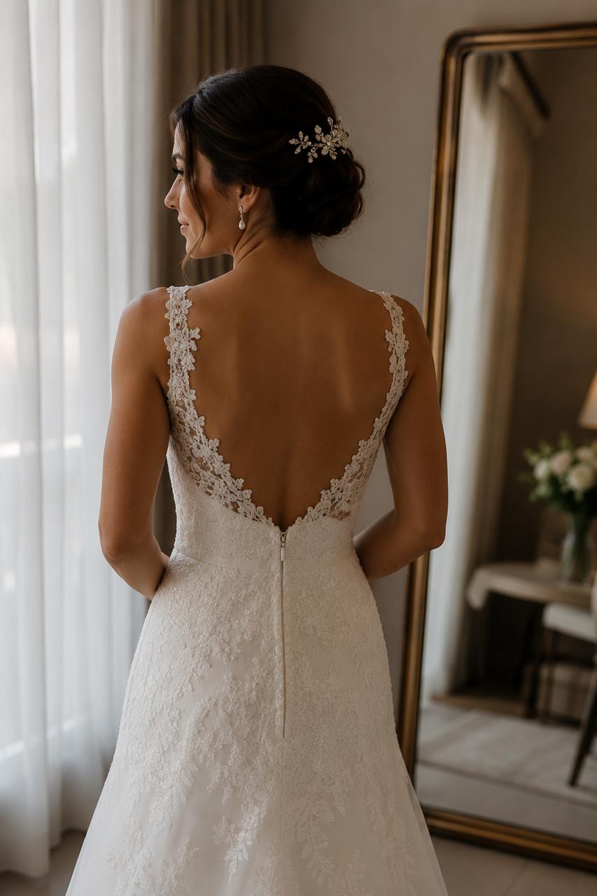 Noiva de costas mostrando o zíper invisível de um vestido de renda com acabamento perfeito